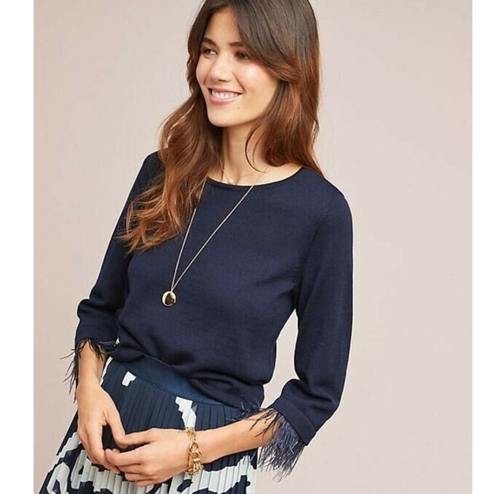 New Anthropologie Gatsby Feathered Moth Pullover Sweater Top Small $118 Blue